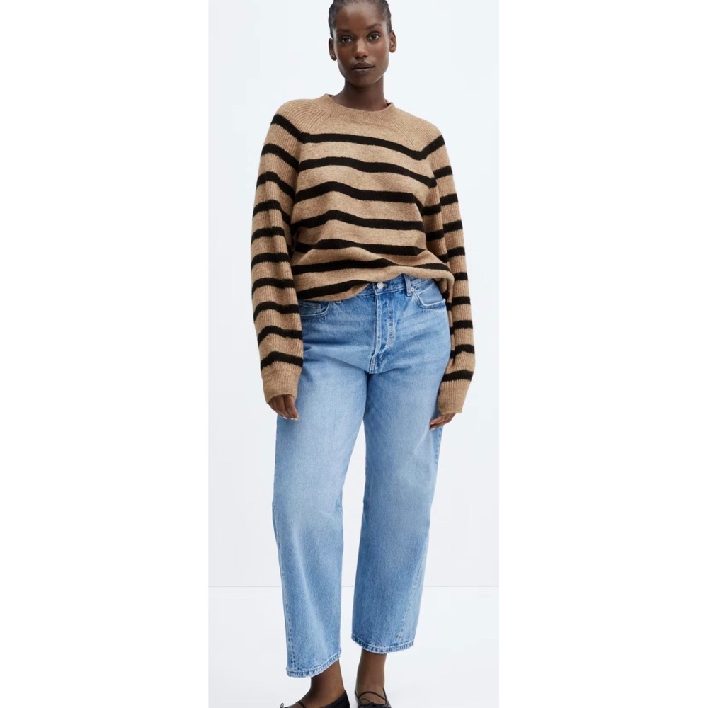 Mango MNG Striped Raglan Knit Sweater Camel Black Crew Neck Relaxed Fit XS